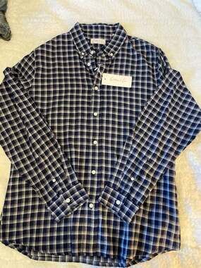 Cotton & Co. Men's Blue and White Plaid Button Down Shirt Long Sleeve Size L